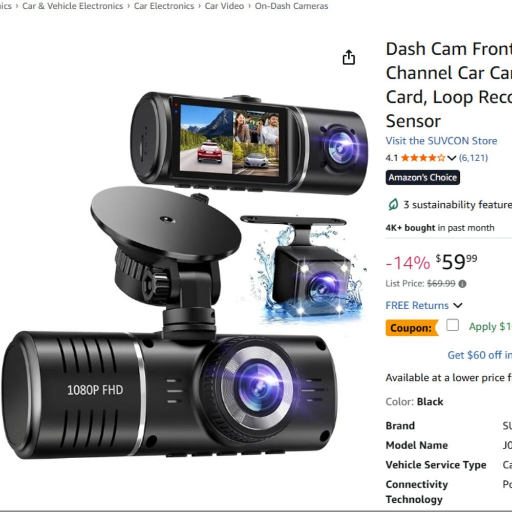 3 Channel Dash Cam Front and Rear Inside, 1080P Triple Car Camera with 32GB Card
